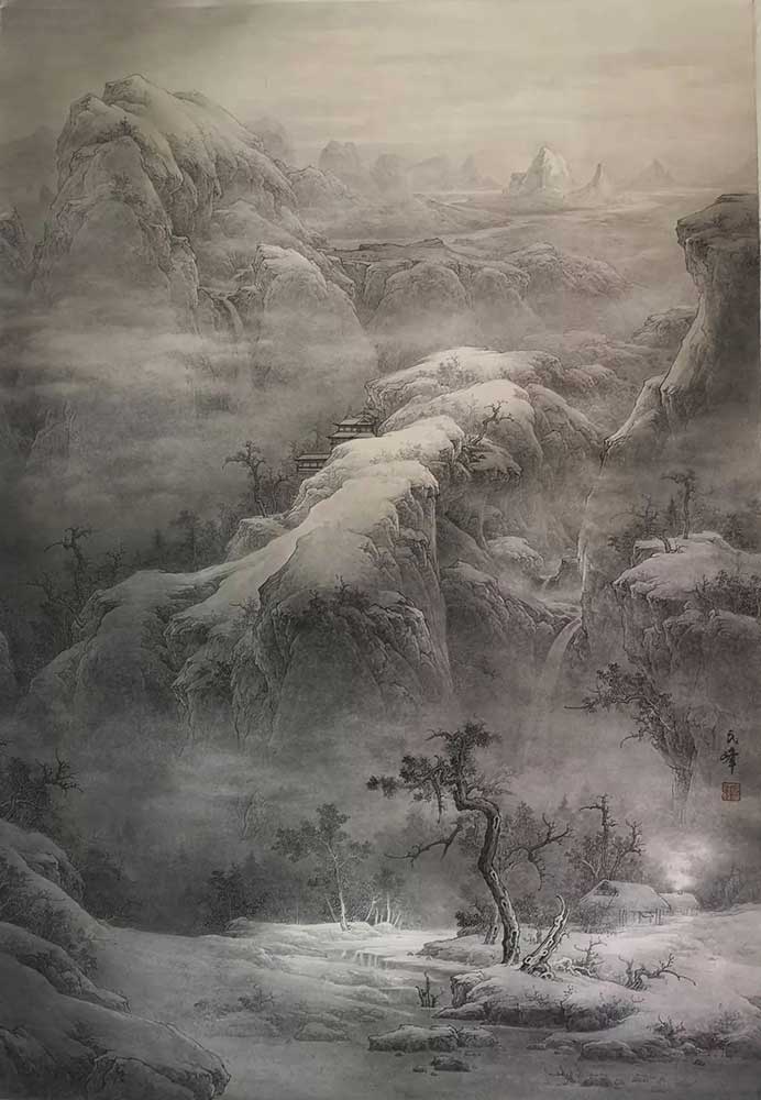 福田民峰_遠江紅樓炊煙白-72.7x102.6cm